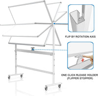 Pizarra blanca móvil de 48 x 36 pulgadas, grande, 360 °, caballete de tablero blanco ajustable con bloqueo de soporte sobre ruedas, magnético de doble cara, para oficina en casa, escuela, 15 páginas, soporte para almohadilla abatible