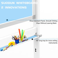 Pizarra blanca móvil de 48 x 36 pulgadas, grande, 360 °, caballete de tablero blanco ajustable con bloqueo de soporte sobre ruedas, magnético de doble cara, para oficina en casa, escuela, 15 páginas, soporte para almohadilla abatible