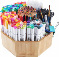 Bamboo Rotating Round Art Supply Organizer, Pencil Holder Desk Organizer with 7 Compartments