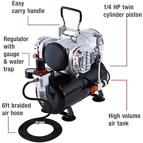 PointZero 1/5 HP Airbrush Compressor with Air Tank, Regulator, Gauge and  Water Trap - Quiet Portable Pump