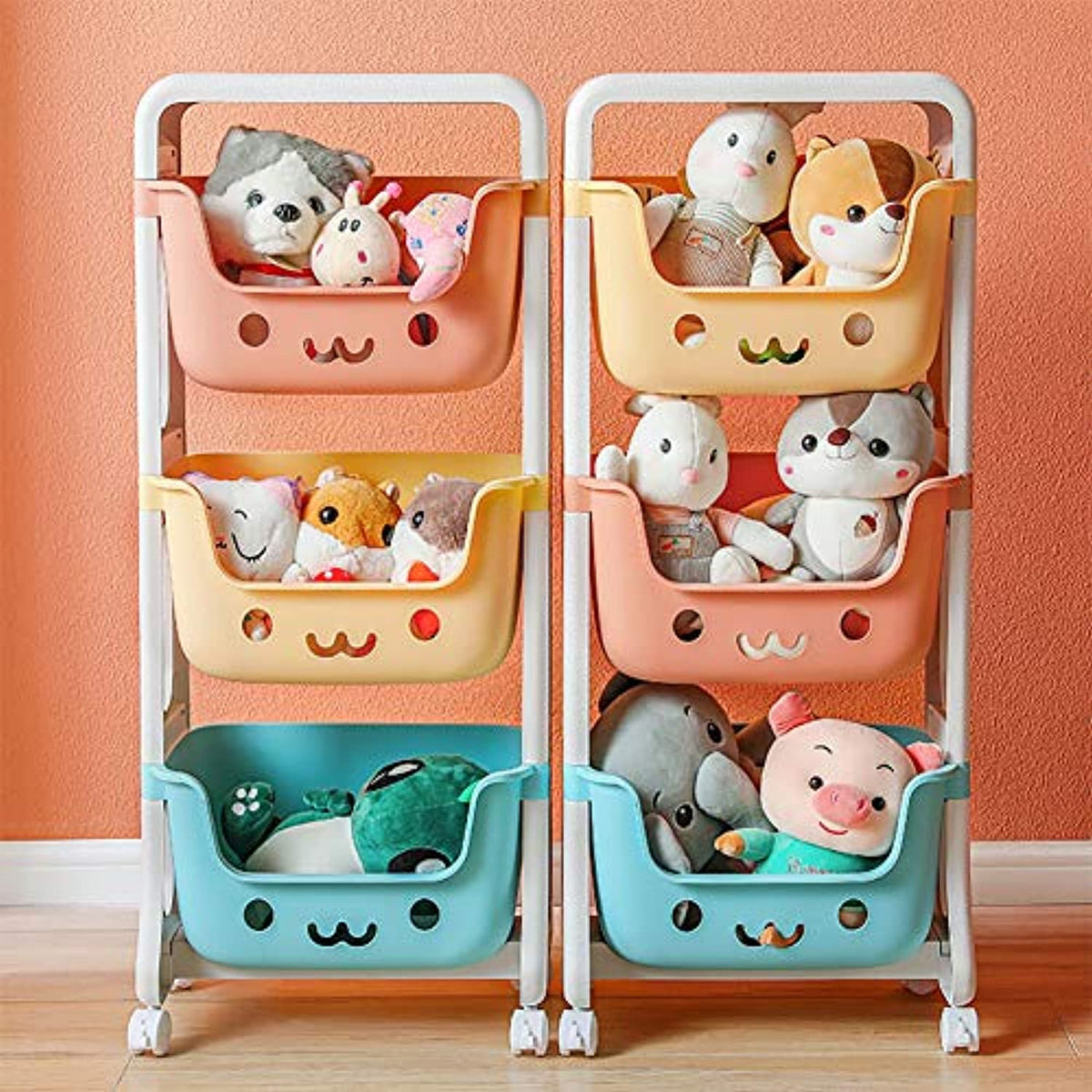 Organizador de almacenamiento de juguetes para niños, carrito apilable de 3  niveles, colores juguetones sonrientes, decoración de sala de juegos para