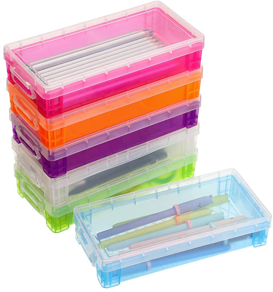  DAIKOYE Gran capacidad, multiuso de colores brillantes, caja de  lápices de plástico duradera, caja organizadora de almacenamiento de  suministros de oficina, caja de almacenamiento de lápices de pintura con  pincel (3