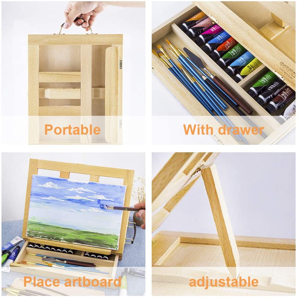  Caballete de mesa, soporte de pintura de escritorio con cajones  de almacenamiento de manualidades para artistas o principiantes, caja de  mesa de arte de madera para dibujar y dibujar (tamaño: 15.7