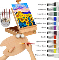 MEEDEN Juego de 46 piezas de pintura al óleo profesional con caja de caballete de mesa de madera, juego de pinceles con limpiador de pinceles de acero inoxidable, taza de paleta, paneles de lona y otros suministros de pintura