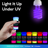 8 frascos de pintura cuerpos y rostros. Se ve bajo luz fluorescente o luz negra