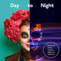 8 frascos de pintura cuerpos y rostros. Se ve bajo luz fluorescente o luz negra