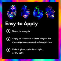 8 frascos de pintura cuerpos y rostros. Se ve bajo luz fluorescente o luz negra