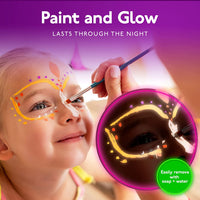 8 frascos de pintura cuerpos y rostros. Se ve bajo luz fluorescente o luz negra