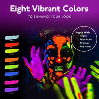 8 frascos de pintura cuerpos y rostros. Se ve bajo luz fluorescente o luz negra