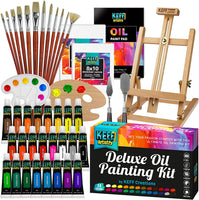 Keff Creations Juego de pintura al óleo | Set de pintura incluye muchos suministros de arte – caballete de mesa, lienzo estirado, pinceles de pintura, paleta de pintura, gran kit de aceite para principiantes o profesionales