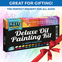 Keff Creations Juego de pintura al óleo | Set de pintura incluye muchos suministros de arte – caballete de mesa, lienzo estirado, pinceles de pintura, paleta de pintura, gran kit de aceite para principiantes o profesionales