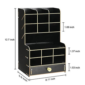 Marbrasse Wooden Pencil Pen Holder, Pen Organizer for Desk, 15 Compartments + Drawer, Desktop Stationary Organizer Caddy, Easy Assembly, Home Office Art Supply Organizer Storage (Black) - Arteztik