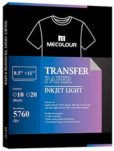MEcolour - Papel de transferencia de tinta para impresora de inyección de tinta, color blanco y claro, paquete de 10 hojas, 8.3 x 11.0 in, compatible con impresora de tinta de sublimación de inyección de tinta para telas ligeras, camisetas personalizadas - Arteztik