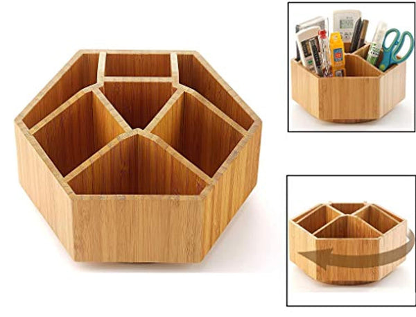 NHZ - Organizador giratorio de bambú para oficina y suministros de arte, con múltiples compartimentos, 7 secciones para bolígrafos, lápices, lápices de colores, caja de almacenamiento de escritorio en aula y estudio de arte - Arteztik