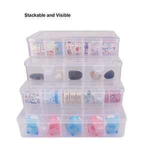 SUITUS 4 unidades 15 grandes compartimentos caja organizadora de plástico para cinta Washi, caja de almacenamiento transparente con divisores ajustables para joyas, manualidades, pegatinas, cuentas, aparejos de pesca (10.8 x 6.5 x 2.2 pulgadas) - Arteztik