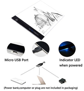 Caja de luz LED portátil ultradelgada A4 con cable de alimentación USB, intensidad regulable, para trazar manualidades, caja de luz con herramienta de pintura de diamantes 5D (141 piezas) - Arteztik