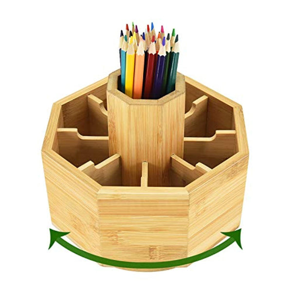 Organizador de escritorio giratorio de bambú para oficina y arte, soporte giratorio de 360 grados con 9 compartimentos, organizador de almacenamiento de escritorio con 9 secciones para bolígrafos, tijeras, clips, notas adhesivas y más - Arteztik