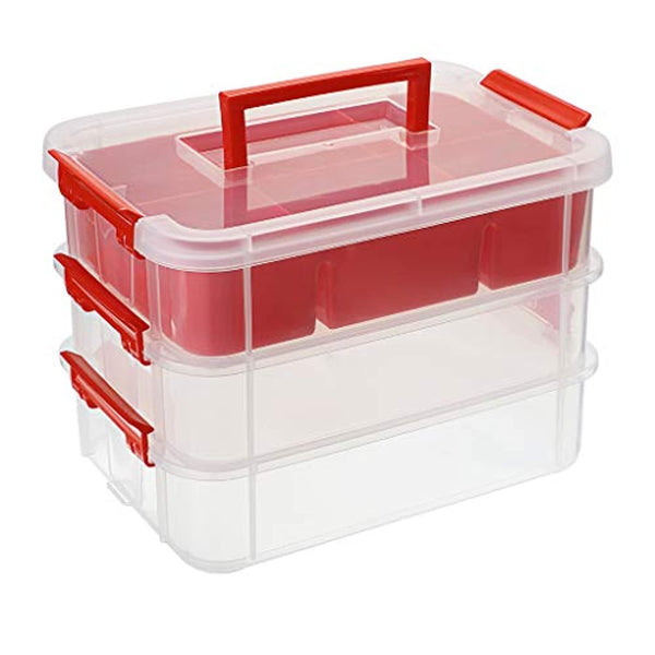 BTSKY - Caja de almacenaje de 3 capas, apilable y de transporte, de plástico, multiusos, portátil, con bandeja extraíble para organizar costura, manualidades, suministros de color rojo - Arteztik