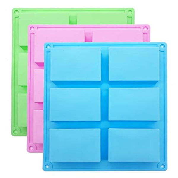 Moldes de silicona para jabón, 6 cavidades rectangulares de silicona para moldes de jabón caseros, molde para tartas, molde de chocolate y bandeja de cubitos de hielo, juego de 3 moldes (azul y verde y rosa). - Arteztik