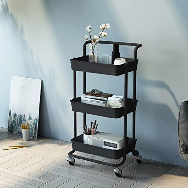 Amazing Force - Carrito de 3 niveles con asa, carrito de metal con cestas de malla y ruedas bloqueables de 360°, organizador de carrito de rodillos y almacenamiento para maquillaje, baño, cocina, oficina, color negro - Arteztik