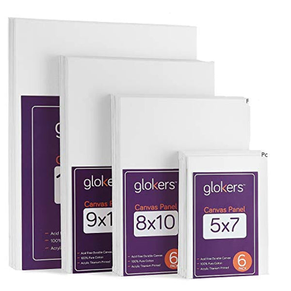 Glokers - Juego de 24 lienzos para pintura (11 x 14, 9 x 12, 8 x 10, 5 x 7, algodón blanco, ideal para medios húmedos o secos, acrílico, aceite, gouache y tempera) - Arteztik