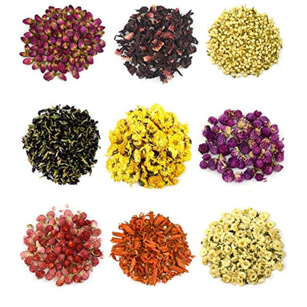 Flores secas para hacer jabón, aromas secas, flores secas, para hacer velas y flores secas, rosebros, jazmín, hibisco, lirio, gomphrena globosa, crisantemo, flor de guisante de mariposa (9 bolsas nuevas) - Arteztik