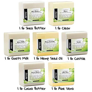 Pifito Melt and Pour Soap Base Sampler (7 lbs) │ Surtido de 7 bases (1lb ea) │ Aceite de semilla de cáñamo, transparente, aloe vera, leche de cabras, manteca de cacao, manteca de karité, castilla │ Suministros de fabricación de jabón de glicerina - Arteztik