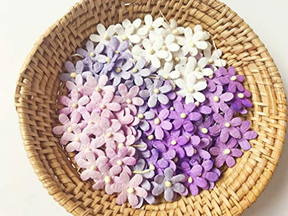 TH Mixed Purple White Flowers Embellishment with Thread stem 12 mm Mulberry Paper Flowers 50 Tiny Craft Supplies Scrap Booking Embellishments for so Many Card Craft Projects - Arteztik