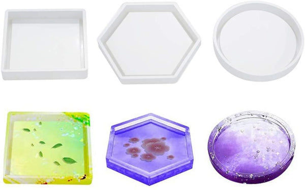 Juego de 3 moldes de silicona para posavasos redondos, hexagonales, cuadrados, resina epoxi, moldes de fundición para posavasos con resina, duraderos y reutilizables. - Arteztik