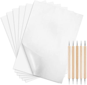 100 unidades de papel de transferencia de carbono con 5 unidades de herramientas para repujado de 11.7 x 8.3 pulgadas, papel de copia para trazar patrón en papel de madera, tela de lona (blanco) - Arteztik