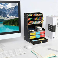 Marbrasse Wooden Pencil Pen Holder, Pen Organizer for Desk, 15 Compartments + Drawer, Desktop Stationary Organizer Caddy, Easy Assembly, Home Office Art Supply Organizer Storage (Black) - Arteztik
