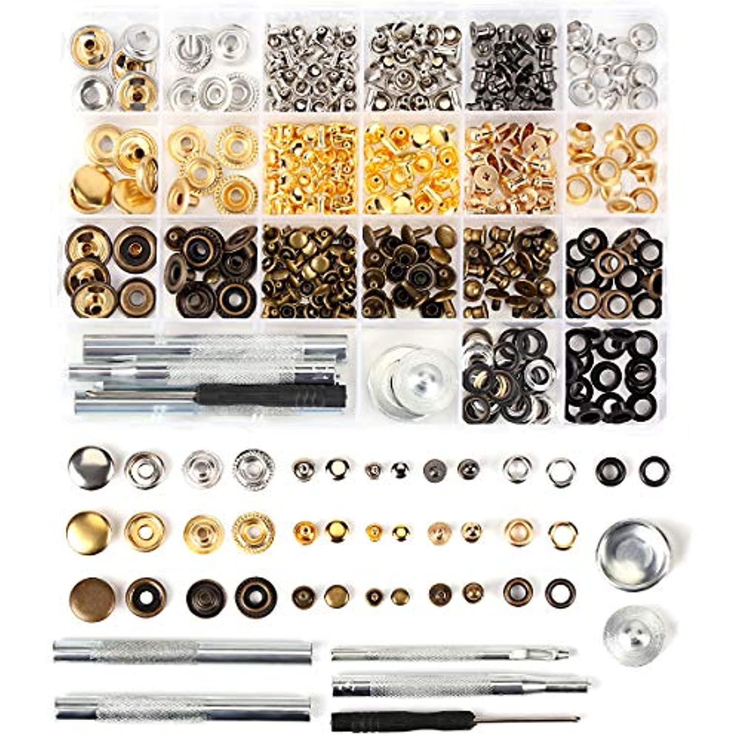 Kit de remaches de cuero 364 piezas 4 estilos de broches de metal  incluyendo kit de botones a presión, tornillos, botones de presión,  remaches para