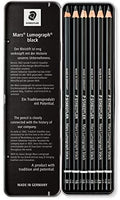 Staedtler Mars Lumograph negro, mezcla de carbono proporciona líneas de negro azabache y lápices de arte profesionales, lata de 6 lápices de dibujo negro surtidos, 100B G6 - Arteztik
