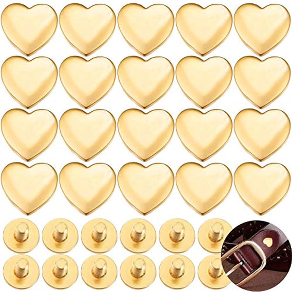 KuuGuu 30 piezas de metal pequeño de 0.66 pulgadas en forma de corazón con tachuelas de tuerca de tuerca de remaches, accesorios hechos a mano, de cuero, manualidades, tornillos para cinturón, ropa, bolso, bolso de mano, oro - Arteztik