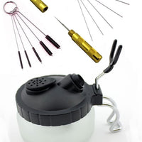 Set de 4 herramientas limpiadoras para aerógrafos, cepillos, varas con cabezal fino, boquillas y pote de vidrio para sostenerlo - Arteztik