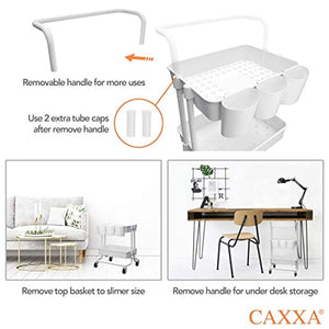 CAXXA Organizador de almacenamiento de 3 niveles con 3 cestas pequeñas y asa, carro móvil con ruedas giratorias (blanco) - Arteztik