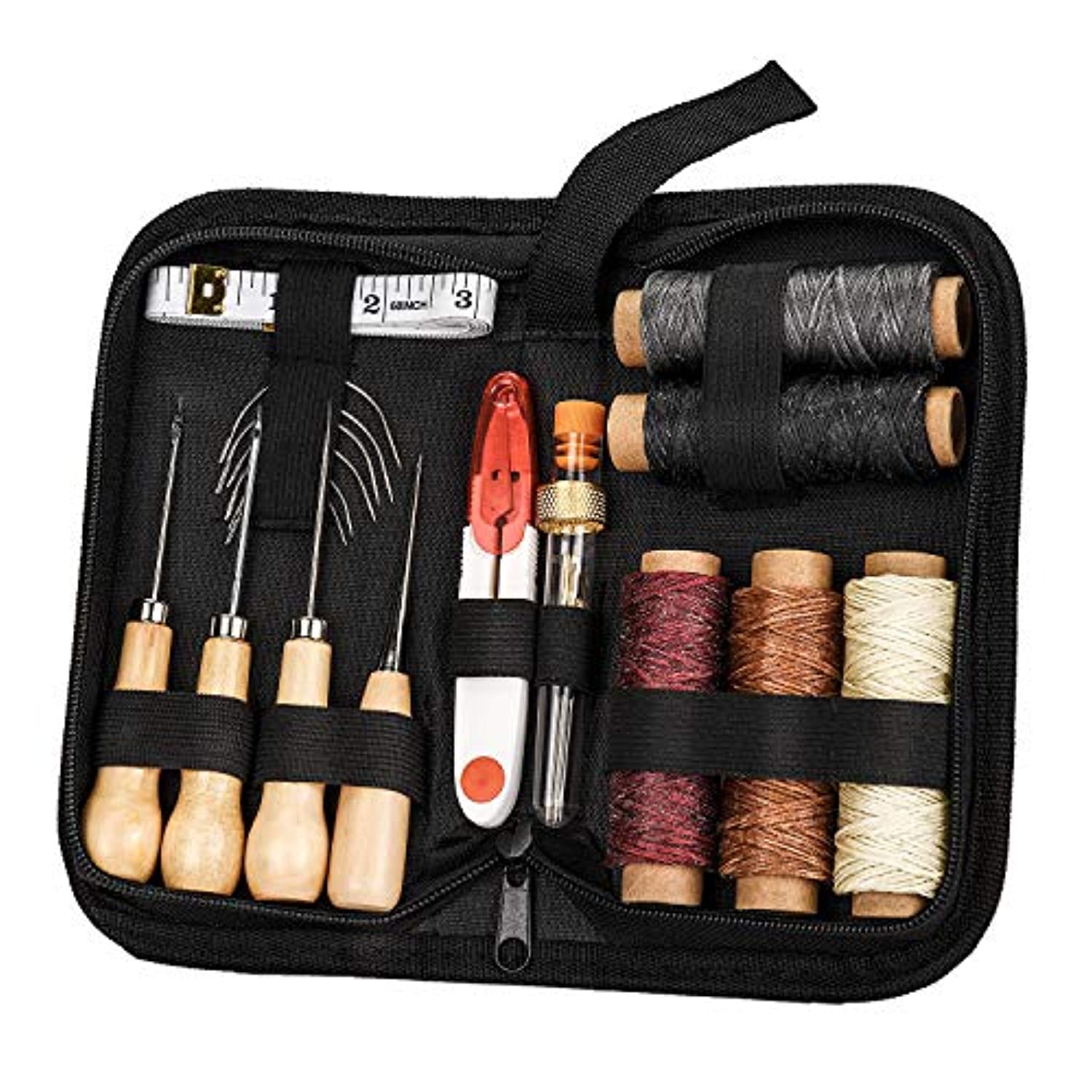 Kit de costura de cuero, herramientas y suministros de trabajo de cuero,  kit de trabajo de cuero con agujas de costura de ojo grande, hilo encerado