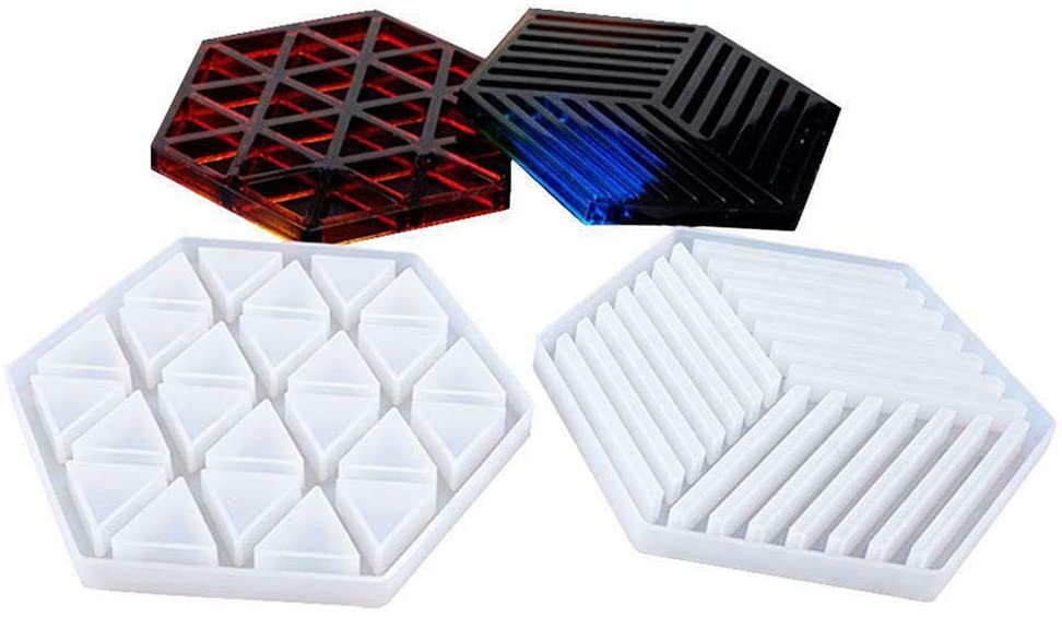 2 moldes de resina de silicona hexagonal, para moldes de resina epoxi para moldes de casting cuadrados, rectangulares, elipse y posavasos de corazón. - Arteztik