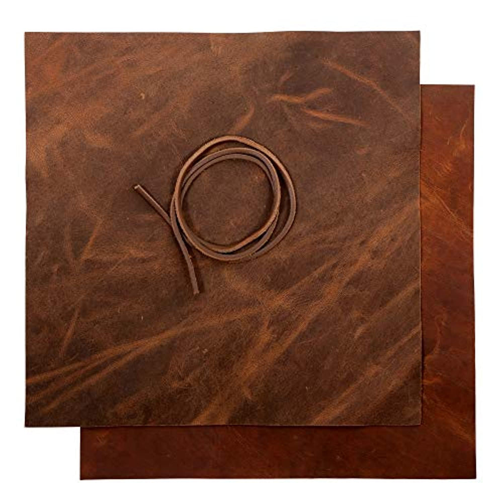 Hojas de piel de piel auténtica para pendientes, cartera de cuero y artesanías – Cuero auténtico de búfalo de grano completo, sin hojas de piel sintética – Marrón oscuro y ruso (2 hojas + cordón de cuero) - Arteztik