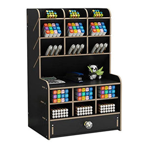 Marbrasse Wooden Pencil Pen Holder, Pen Organizer for Desk, 15 Compartments + Drawer, Desktop Stationary Organizer Caddy, Easy Assembly, Home Office Art Supply Organizer Storage (Black) - Arteztik