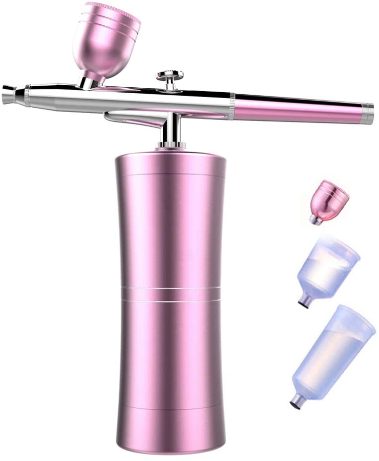 FATUXZ Portable Makeup Airbrush Set with Mini Air Compressor Ink Cup Spray Pen for Tattoo Nail Art Face Paint Cake Deraction Coloring Model(5ML,20ML,40ML Capacity Cup,Pink) - Arteztik