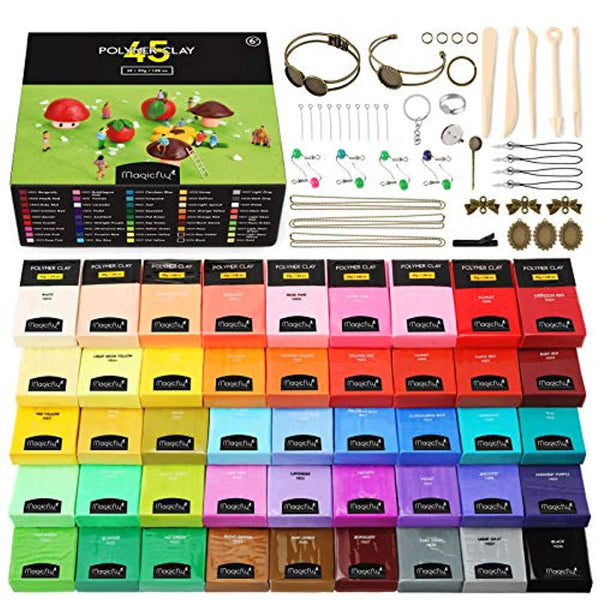 Magicfly - Kit de iniciación de polímero, 45 colores, 5 herramientas de modelado y 40 accesorios de joyería seguros y no tóxicos, bloques de arcilla para hornear - Arteztik