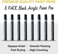 Bolígrafos de pintura acrílica negra – Paquete de 8 rotuladores de pintura negra, bolígrafos de pintura acrílica para pintura de roca, madera, metal, metal, cerámica, graffiti, papel, dibujo, calabazas de plástico, juegos de pintura acrílica a base de agu - Arteztik
