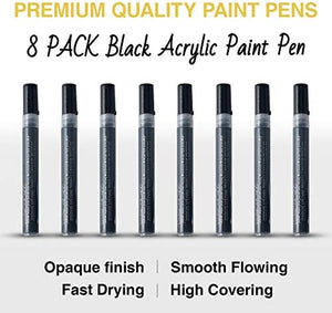 Bolígrafos de pintura acrílica negra – Paquete de 8 rotuladores de pintura negra, bolígrafos de pintura acrílica para pintura de roca, madera, metal, metal, cerámica, graffiti, papel, dibujo, calabazas de plástico, juegos de pintura acrílica a base de agu - Arteztik