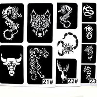 22 hoja Cool purpurina tatuaje de la plantilla de dibujo para hombres, lobo dragón tigre Animal de calavera aerógrafo plantillas y plantillas - Arteztik