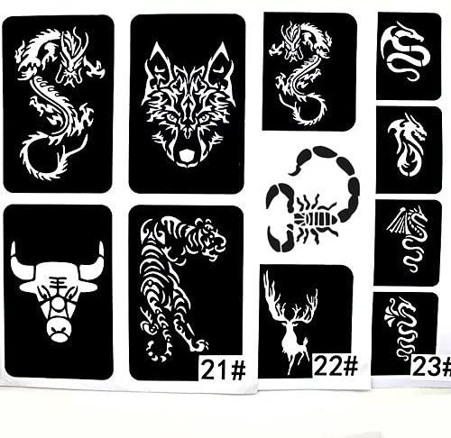 22 hoja Cool purpurina tatuaje de la plantilla de dibujo para hombres, lobo dragón tigre Animal de calavera aerógrafo plantillas y plantillas - Arteztik