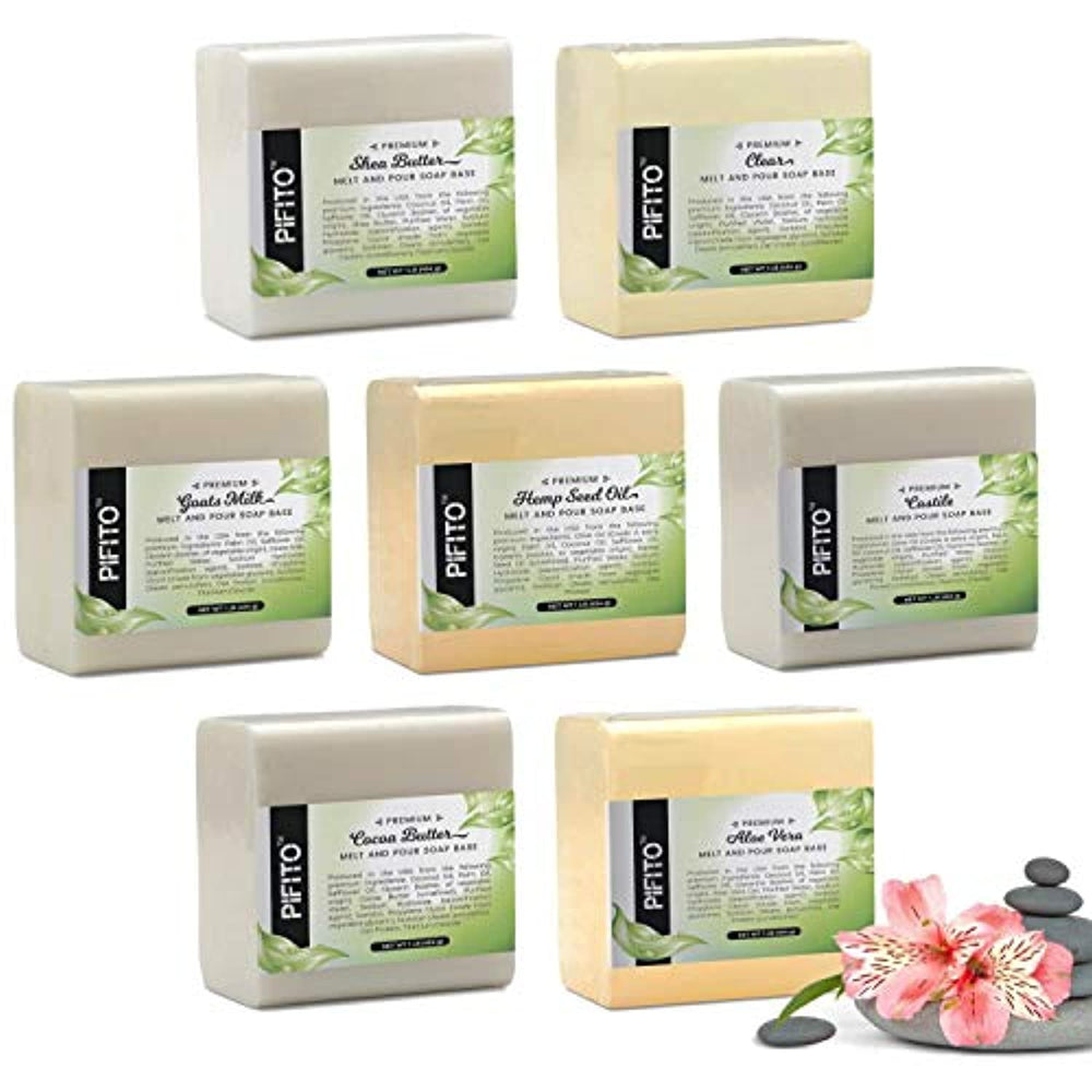 Pifito Melt and Pour Soap Base Sampler (7 lbs) │ Surtido de 7 bases (1lb ea) │ Aceite de semilla de cáñamo, transparente, aloe vera, leche de cabras, manteca de cacao, manteca de karité, castilla │ Suministros de fabricación de jabón de glicerina - Arteztik