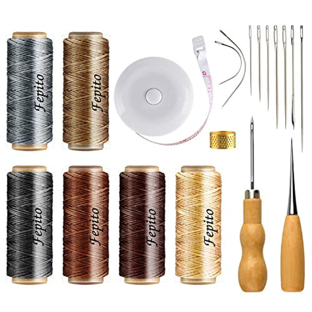 FEPITO - Hilo encerado de piel de 19 piezas de 198 yardas, 6 colores de cuero, cuerda encerada para coser con herramientas de cuero para tapicería de cuero, manualidades de costura - Arteztik