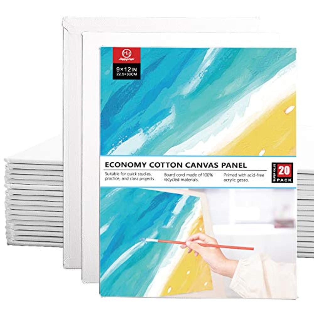 HappyHapi - Lote de 20 paneles de lienzo en blanco de 8.7 x 11.8 in para pintura, tableros de lona de calidad profesional sin ácidos, 100% algodón con núcleo de tablero reciclado - Arteztik