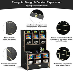 Marbrasse Wooden Pencil Pen Holder, Pen Organizer for Desk, 15 Compartments + Drawer, Desktop Stationary Organizer Caddy, Easy Assembly, Home Office Art Supply Organizer Storage (Black) - Arteztik